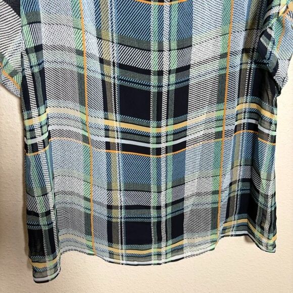 Vince Camuto Blouse Women's XS Plaid Sheer Ruffle Casual Round Neck Top - Picture 3 of 8